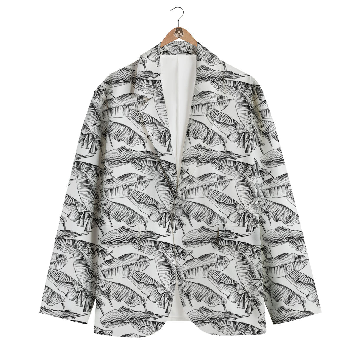 Banana Leaf White And Black Print Men's Blazer-grizzshop