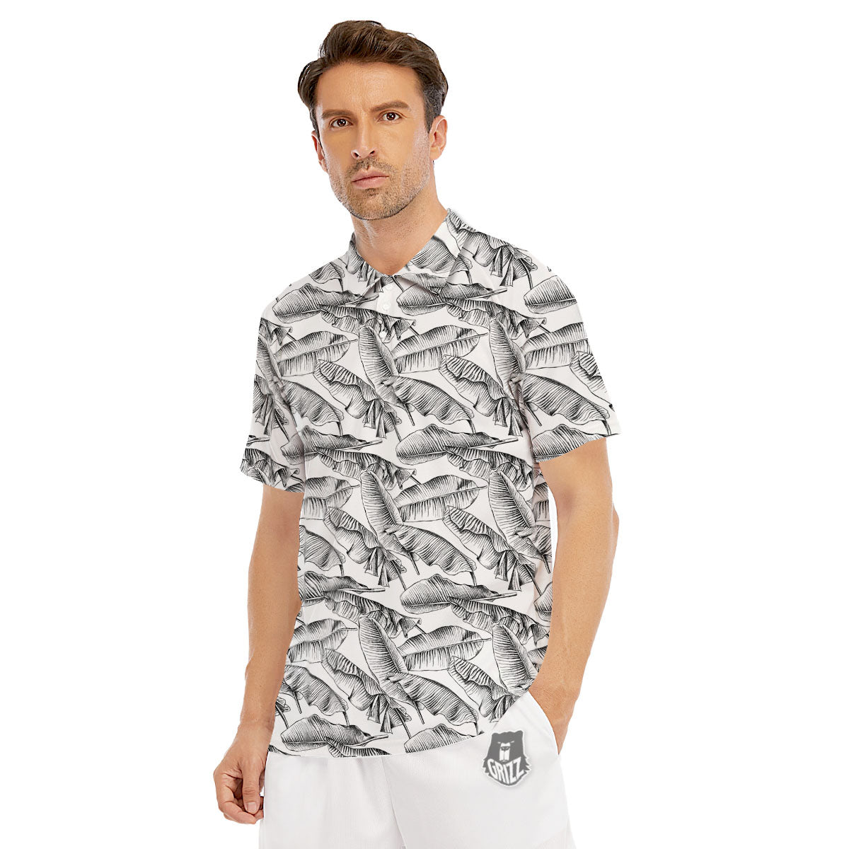 Banana Leaf White And Black Print Men's Golf Shirts-grizzshop
