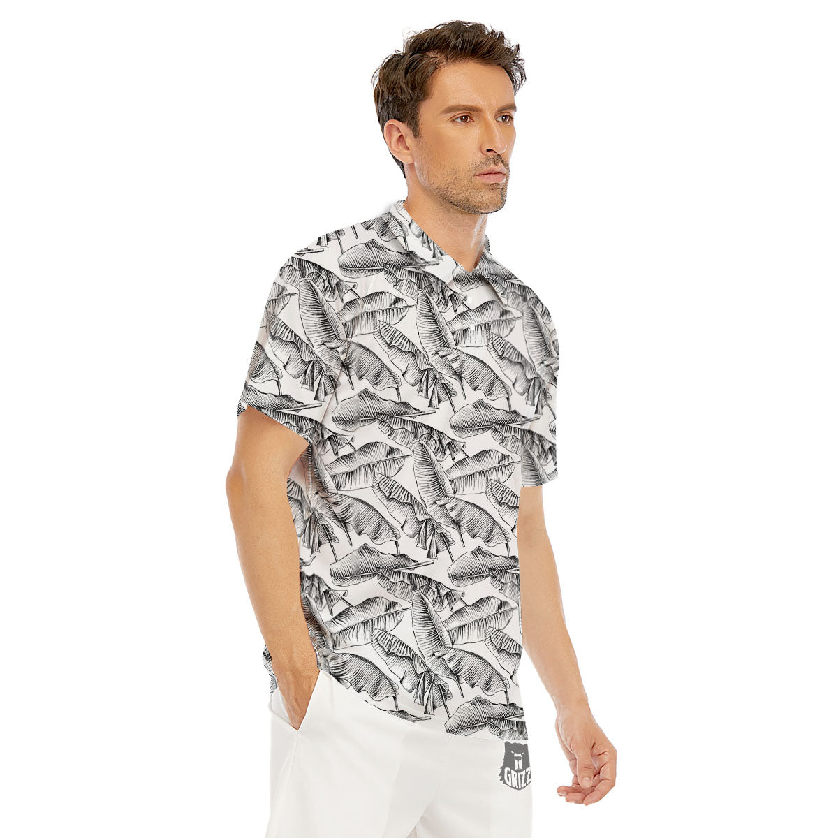 Banana Leaf White And Black Print Men's Golf Shirts-grizzshop