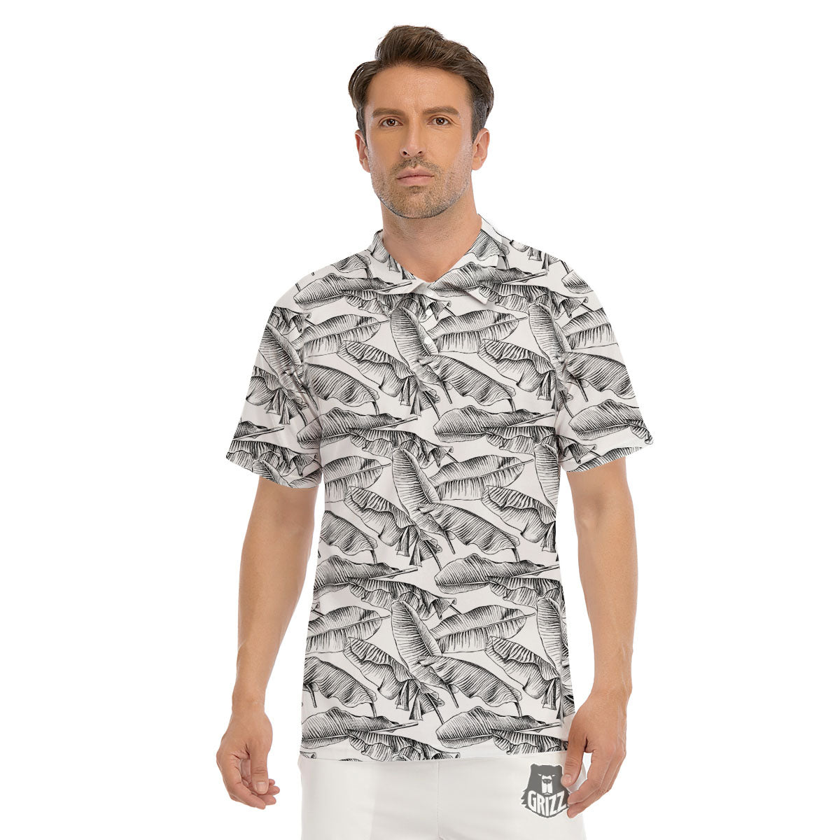 Banana Leaf White And Black Print Men's Golf Shirts-grizzshop