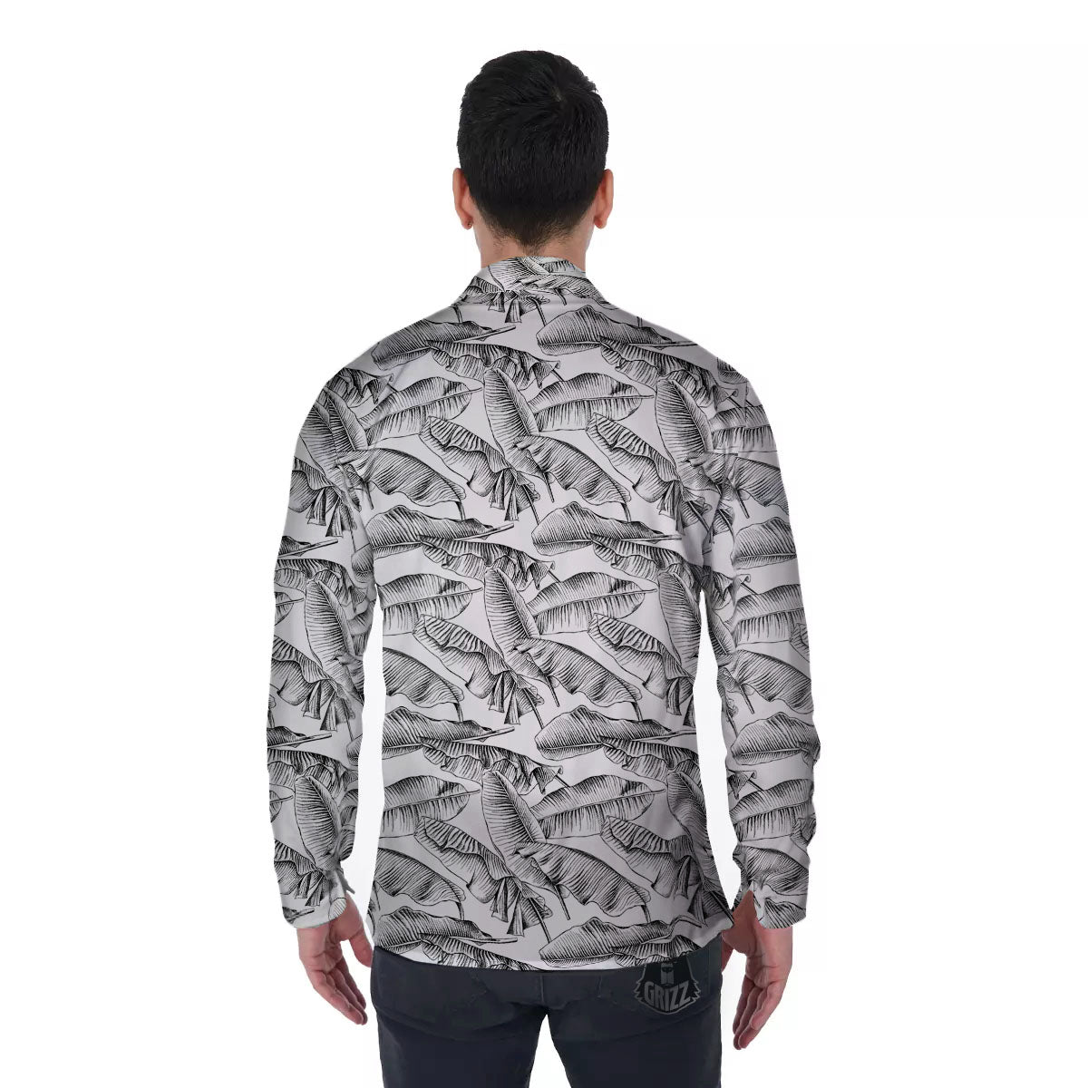 Banana Leaf White And Black Print Men's Long Sleeve Shirts-grizzshop