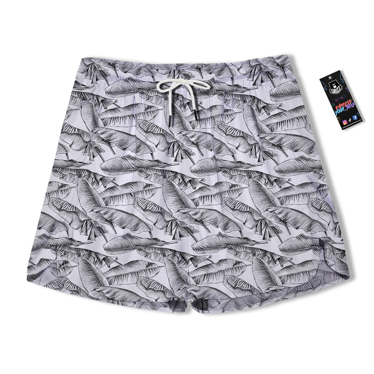 Banana Leaf White And Black Print Men's Running Shorts-grizzshop