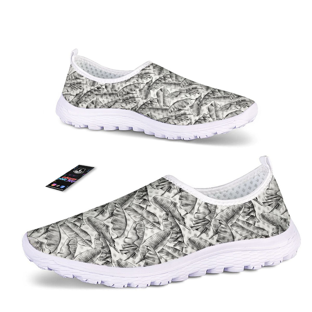Banana Leaf White And Black Print Nurse Shoes-grizzshop