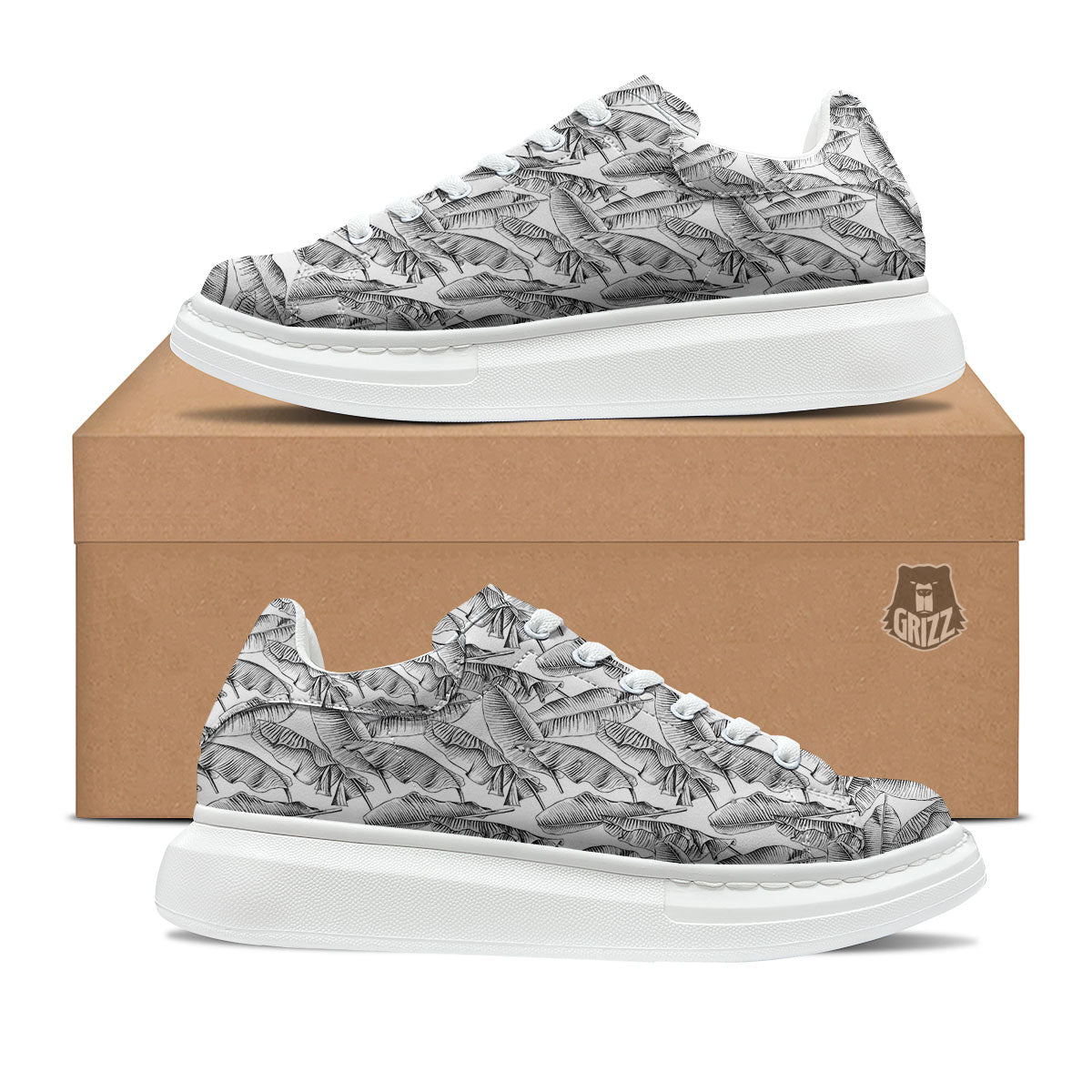 Banana Leaf White And Black Print Platform Shoes-grizzshop