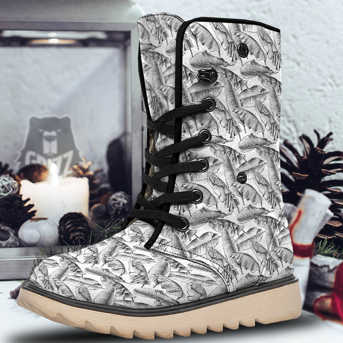 Banana Leaf White And Black Print Snow Boots-grizzshop