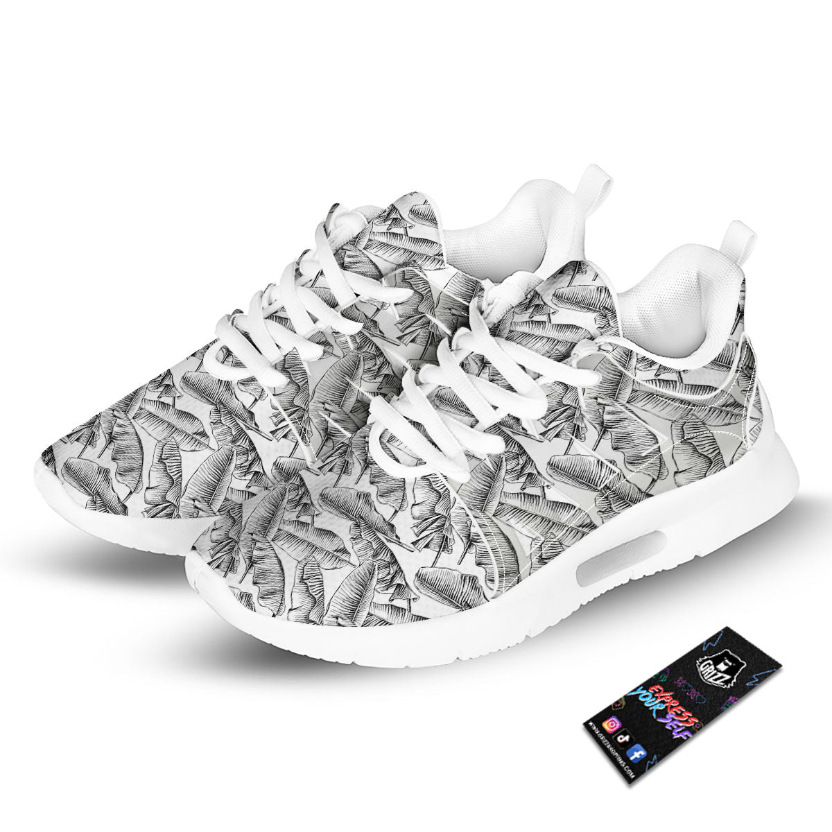 Banana Leaf White And Black Print Tennis Shoes-grizzshop