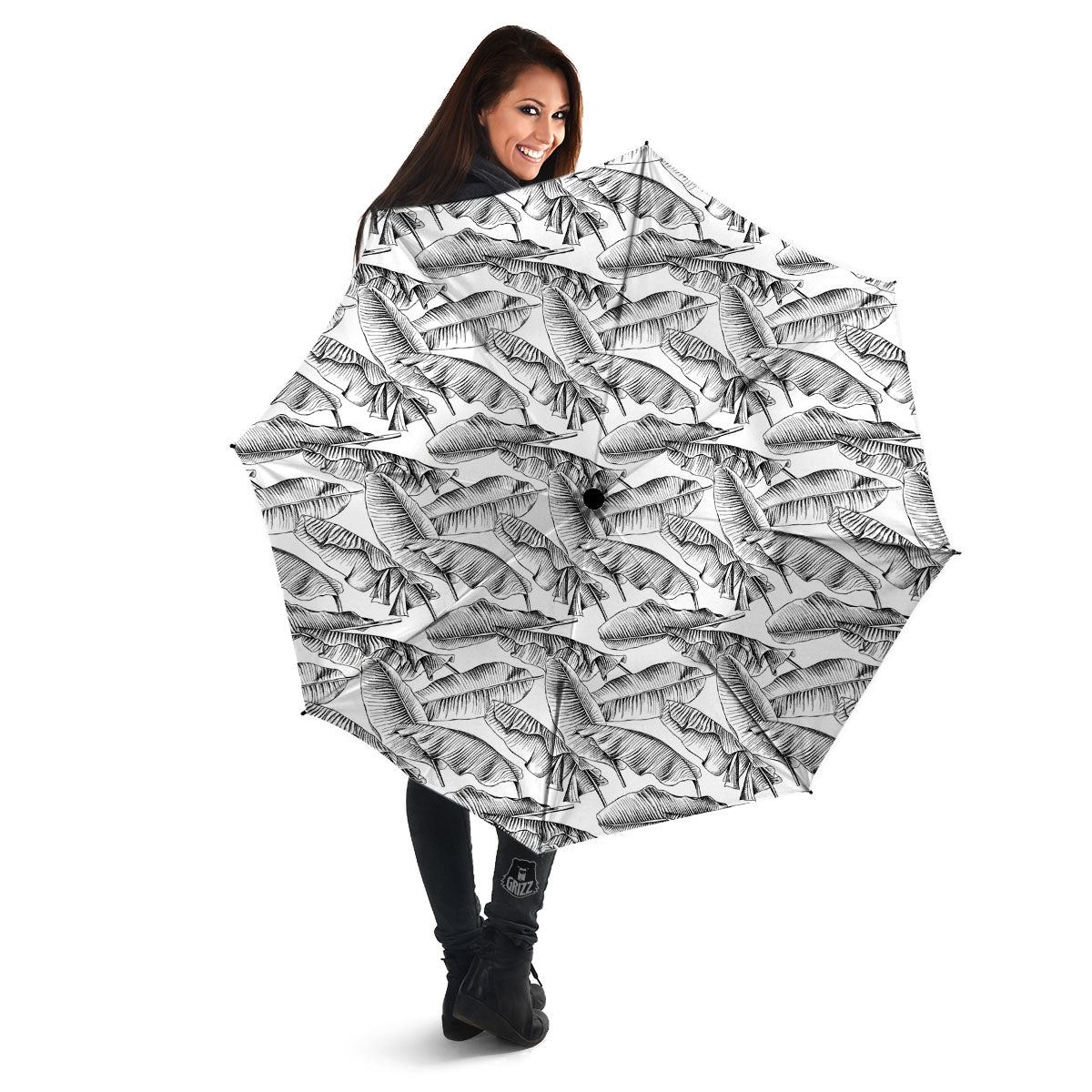 Banana Leaf White And Black Print Umbrella-grizzshop