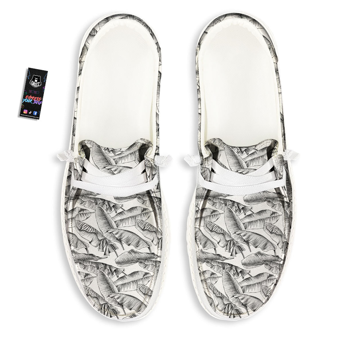Banana Leaf White And Black Print White Loafers-grizzshop