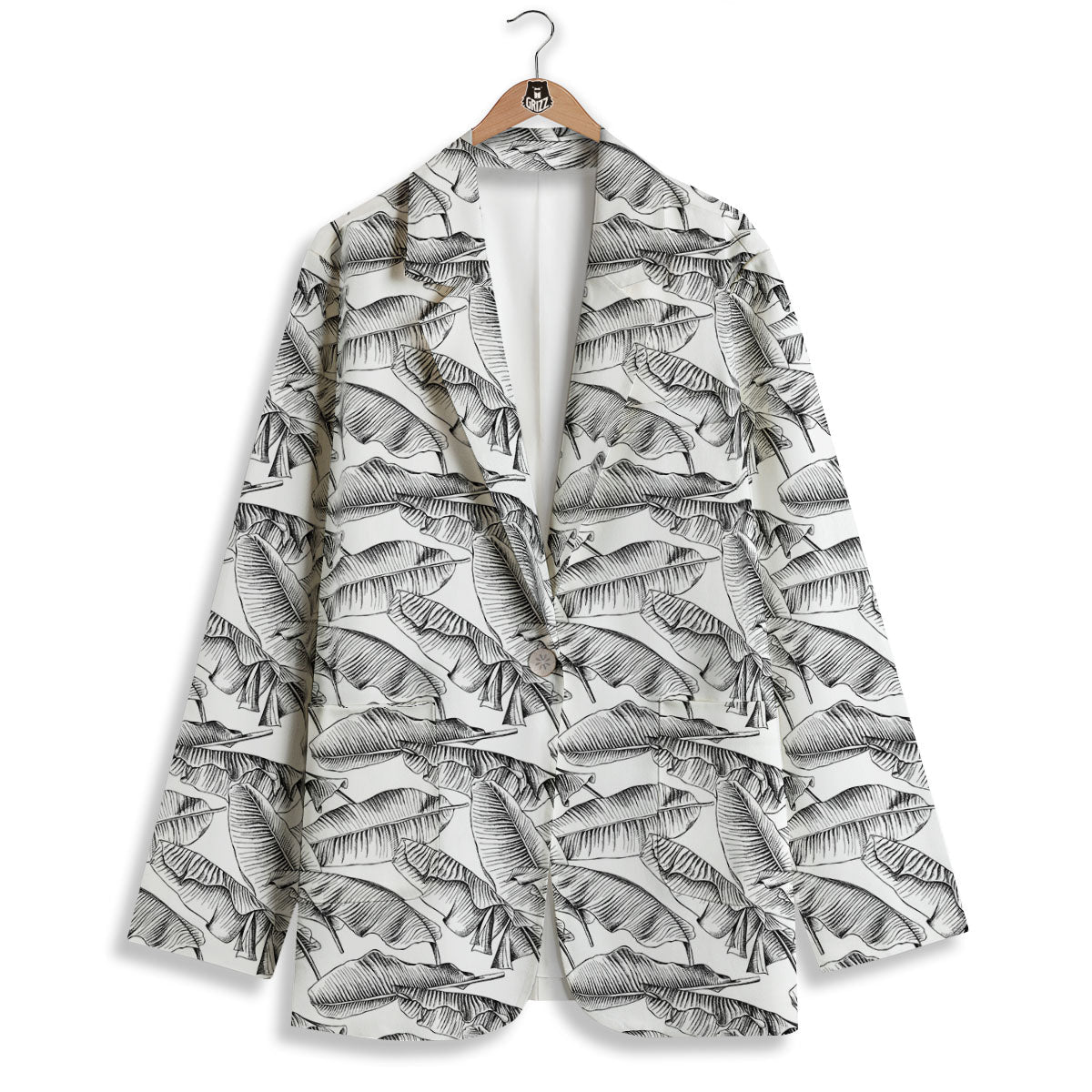 Banana Leaf White And Black Print Women's Blazer-grizzshop