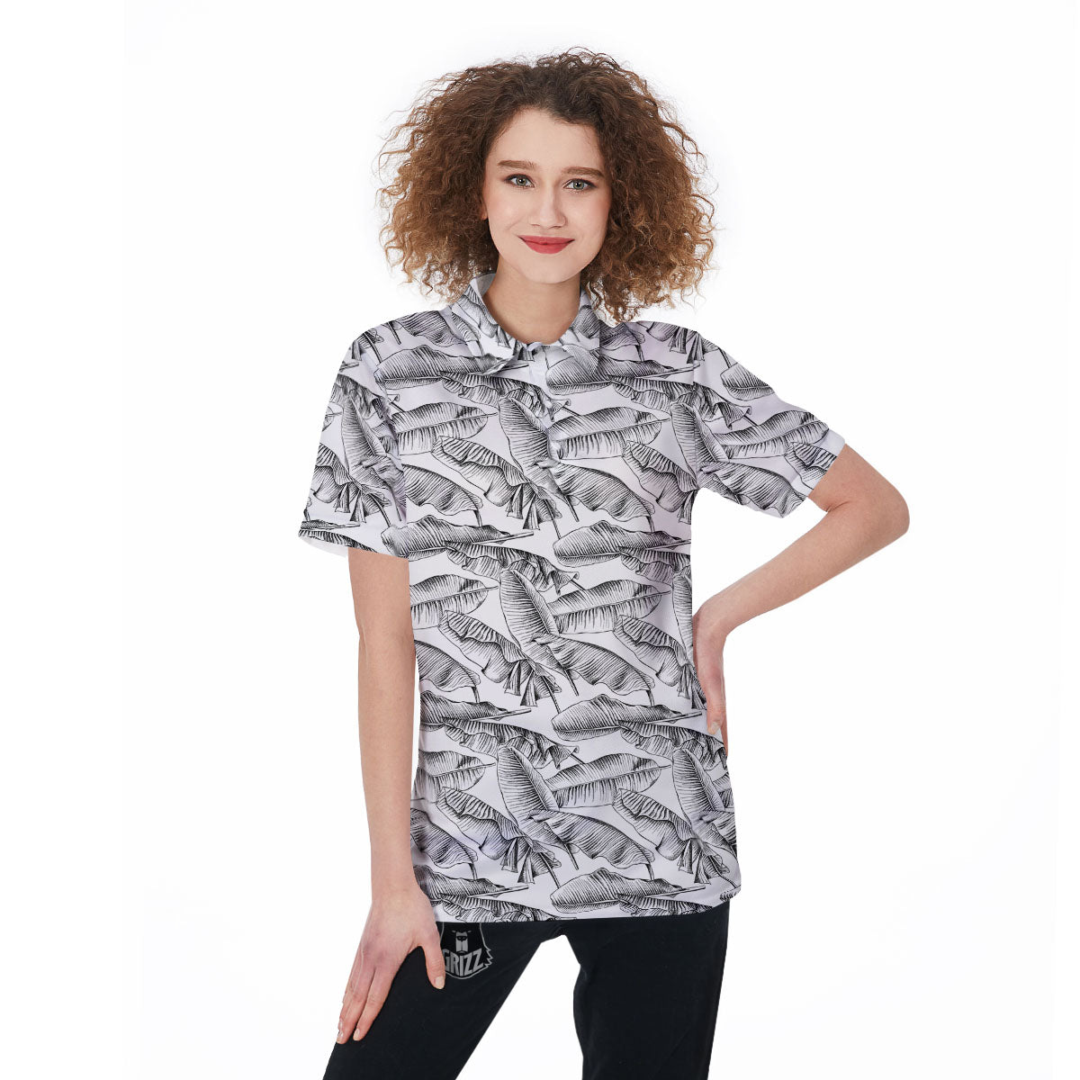 Banana Leaf White And Black Print Women's Golf Shirts-grizzshop