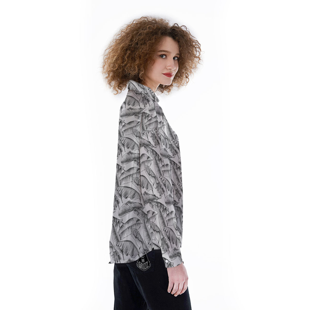 Banana Leaf White And Black Print Women's Long Sleeve Shirts-grizzshop