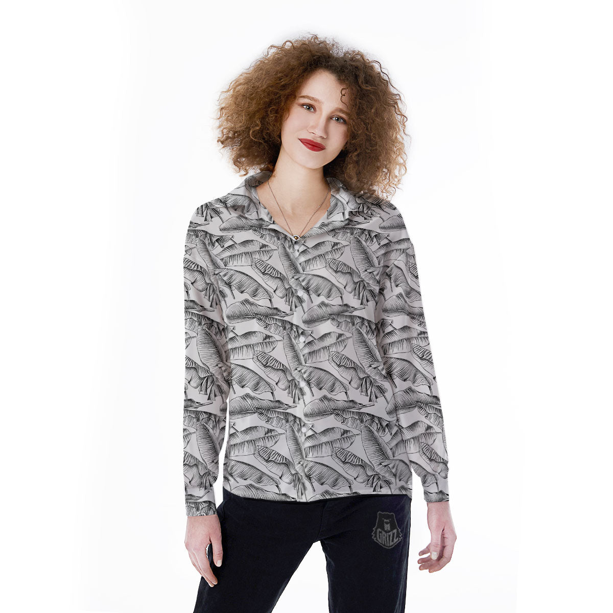 Banana Leaf White And Black Print Women's Long Sleeve Shirts-grizzshop