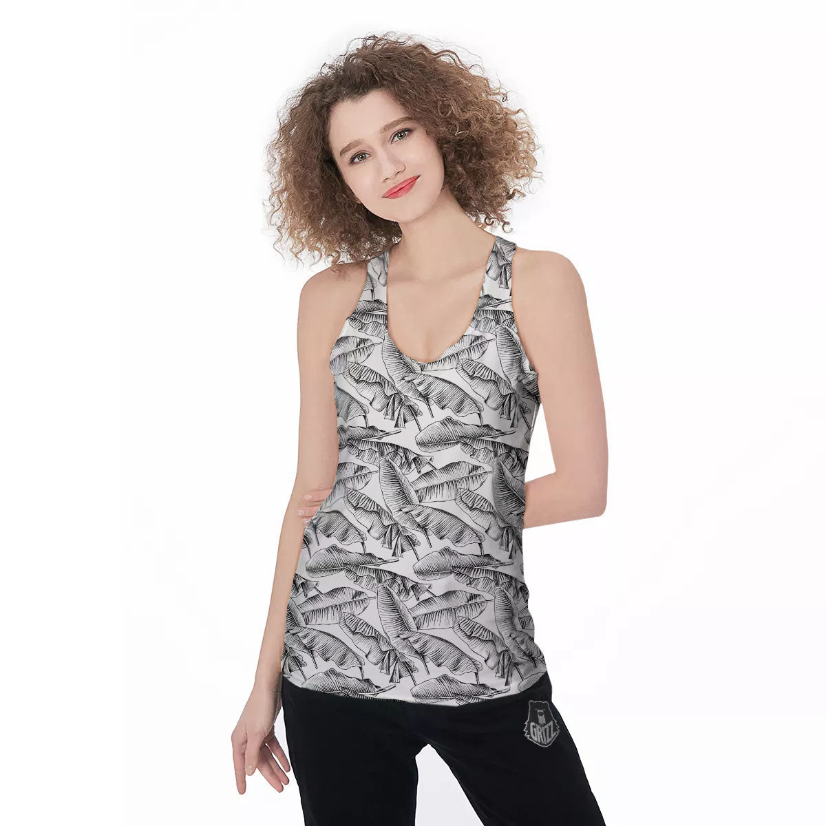 Banana Leaf White And Black Print Women's Racerback Tank Top-grizzshop