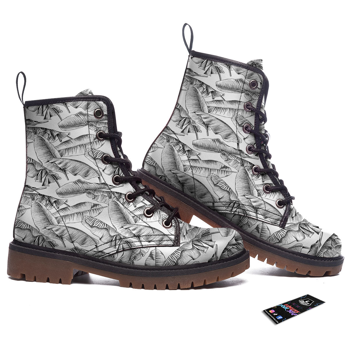 Banana Leaf White And Black Print Work Boots-grizzshop