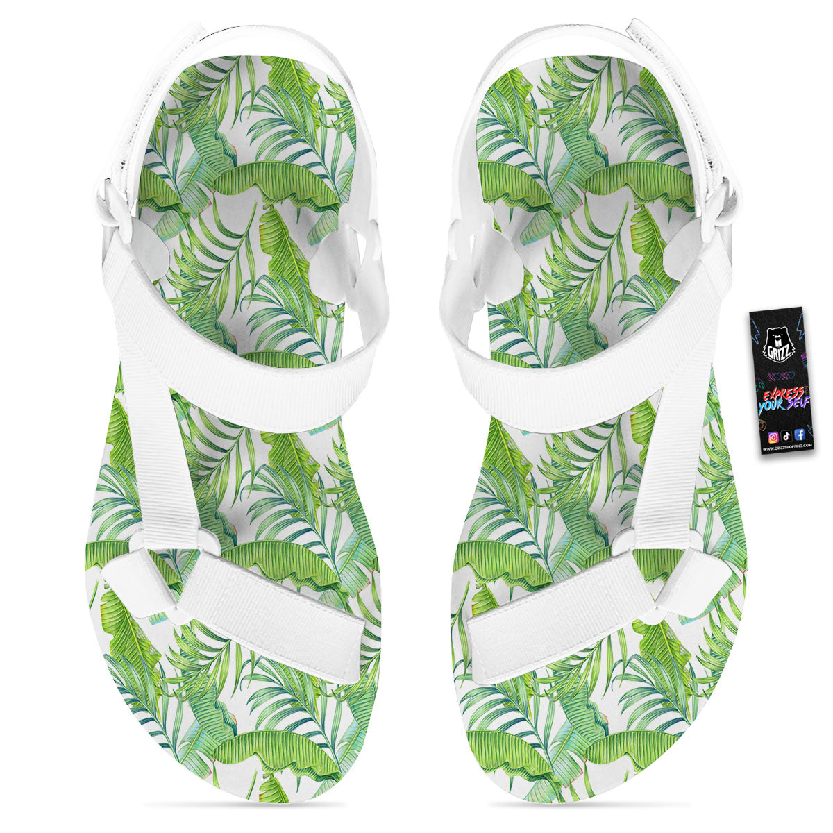 Banana Leave Palm Tree Print Pattern White Open Toe Sandals-grizzshop
