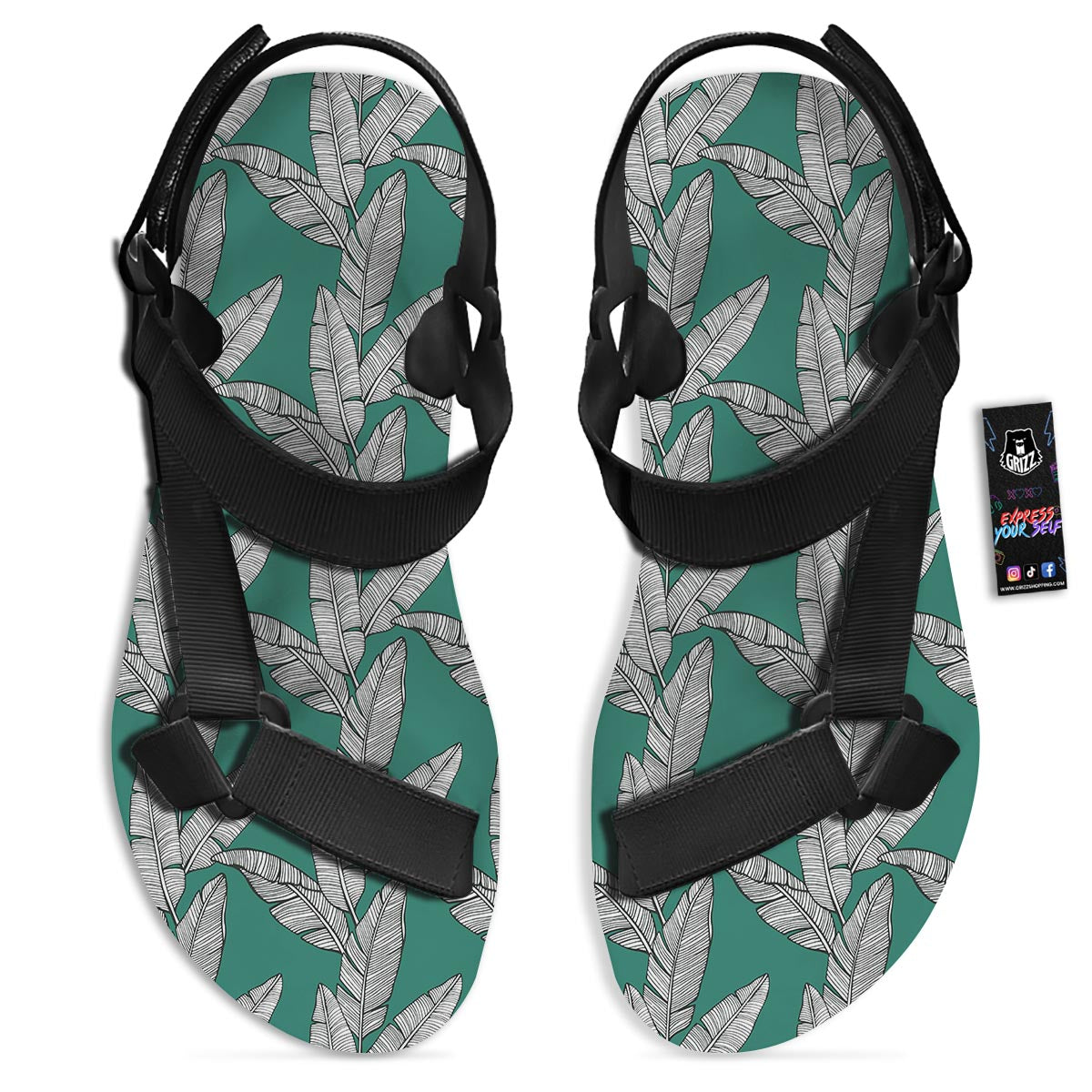 Banana Leaves Teal Print Pattern Black Open Toe Sandals-grizzshop
