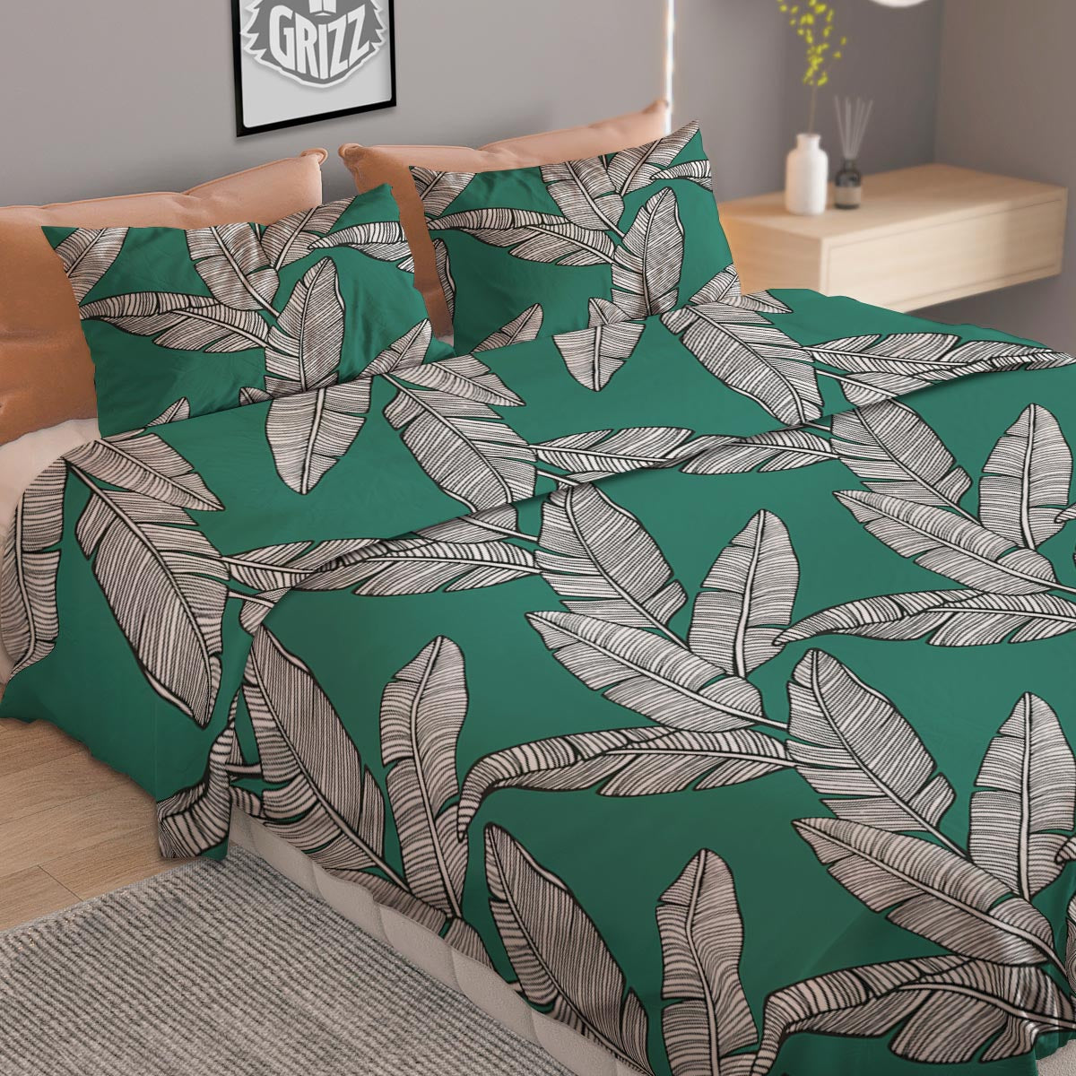 Banana Leaves Teal Print Pattern Duvet Cover Bedding Set