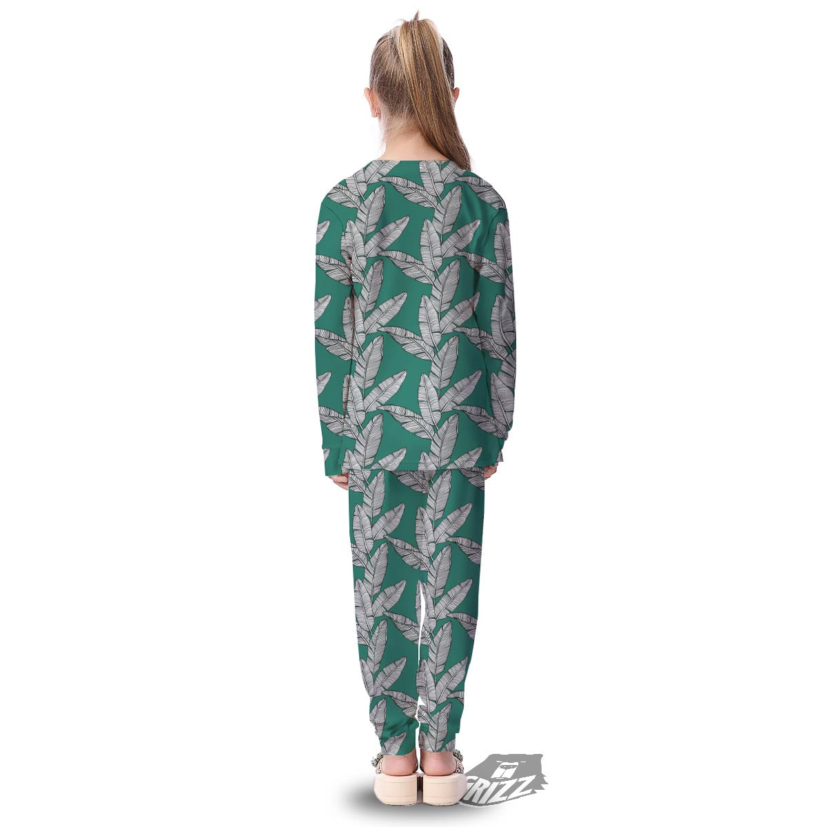 Banana Leaves Teal Print Pattern Kid's Pajamas-grizzshop
