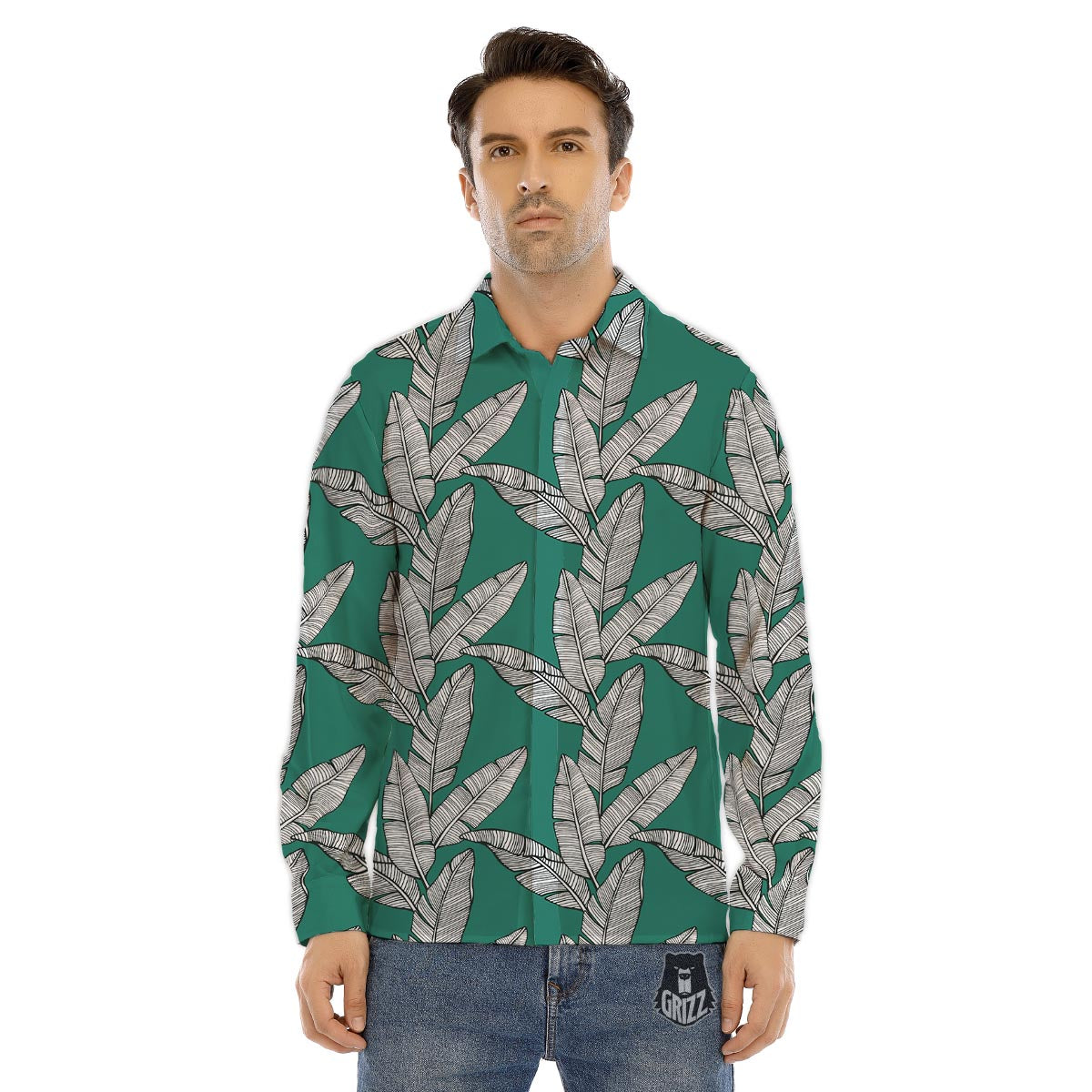 Banana Leaves Teal Print Pattern Men's Dress Shirts-grizzshop