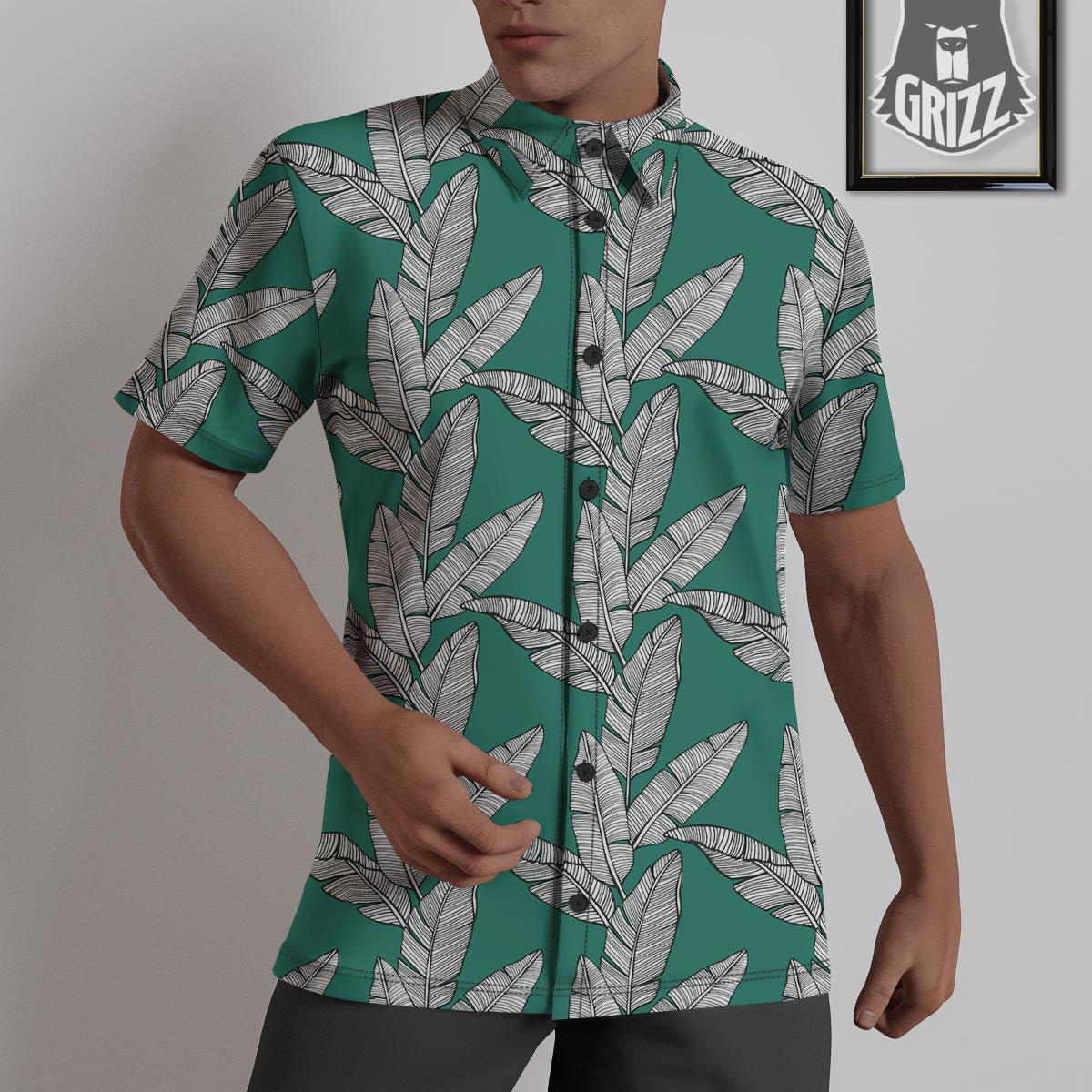 Banana Leaves Teal Print Pattern Untucked Shirts-grizzshop