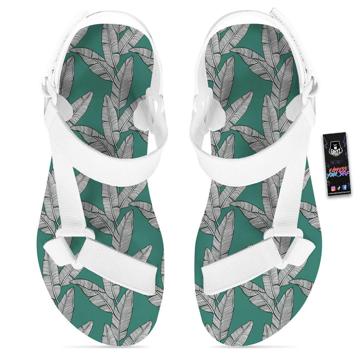 Banana Leaves Teal Print Pattern White Open Toe Sandals-grizzshop