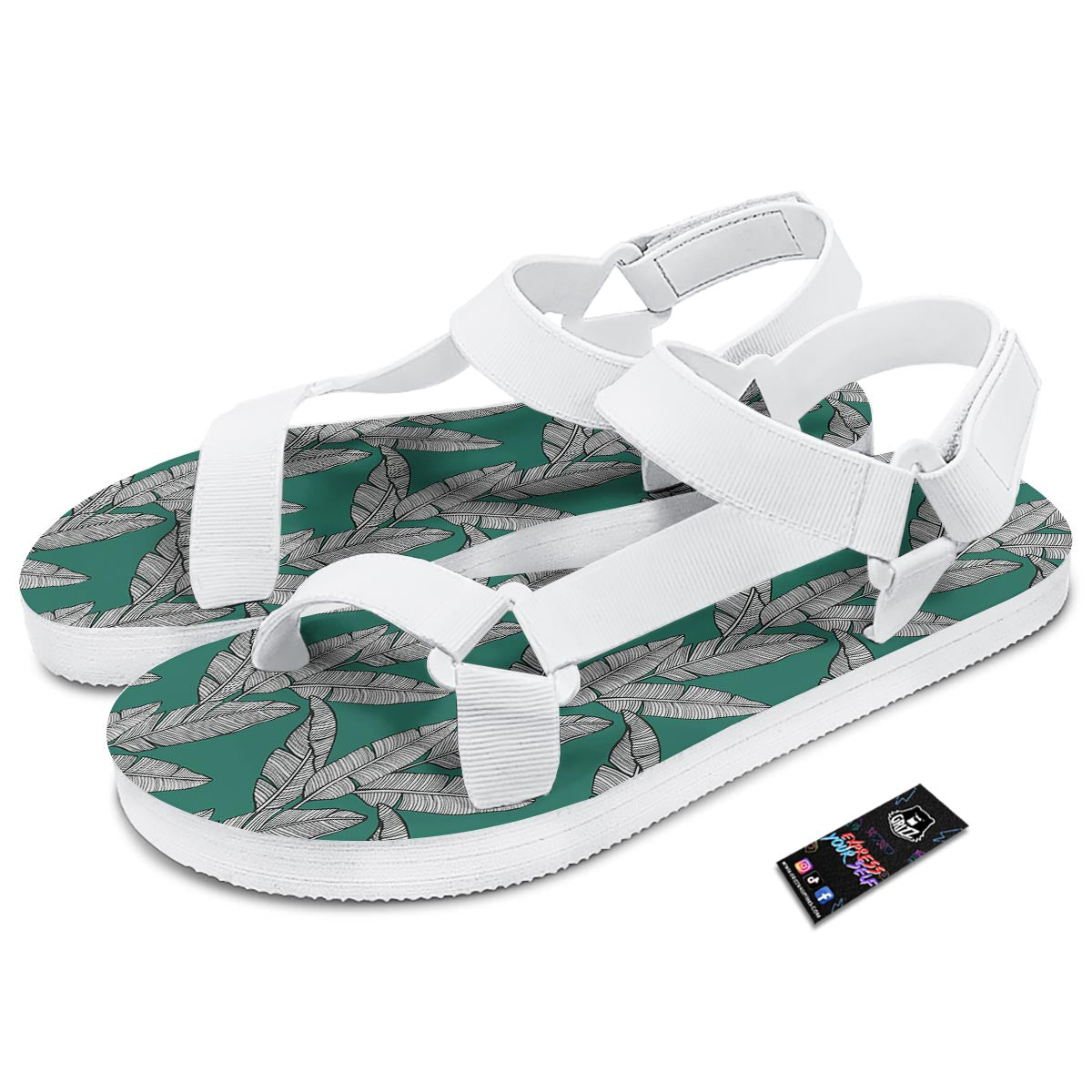 Banana Leaves Teal Print Pattern White Open Toe Sandals-grizzshop