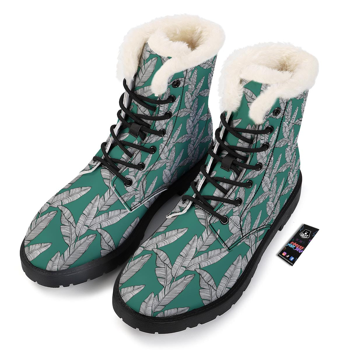 Banana Leaves Teal Print Pattern Winter Boots-grizzshop