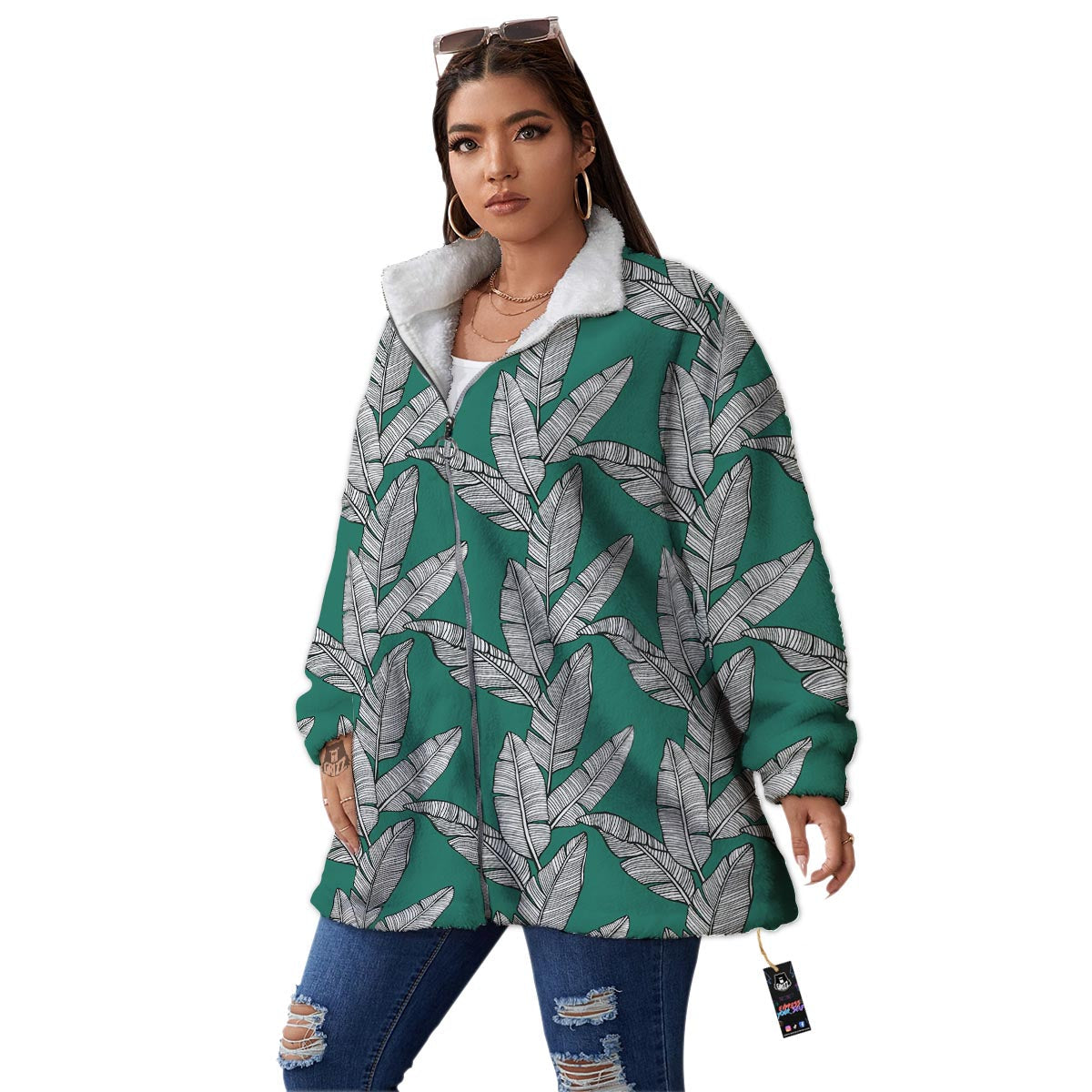 Banana Leaves Teal Print Pattern Women's Sherpa Jacket-grizzshop