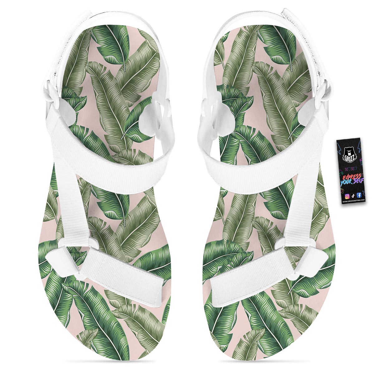 Banana Leaves Tropical Print Pattern White Open Toe Sandals-grizzshop
