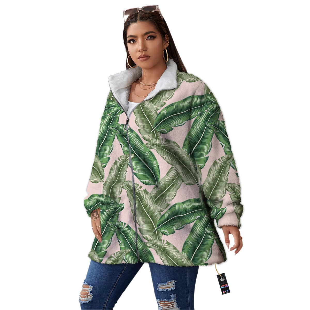 Banana Leaves Tropical Print Pattern Women's Sherpa Jacket-grizzshop