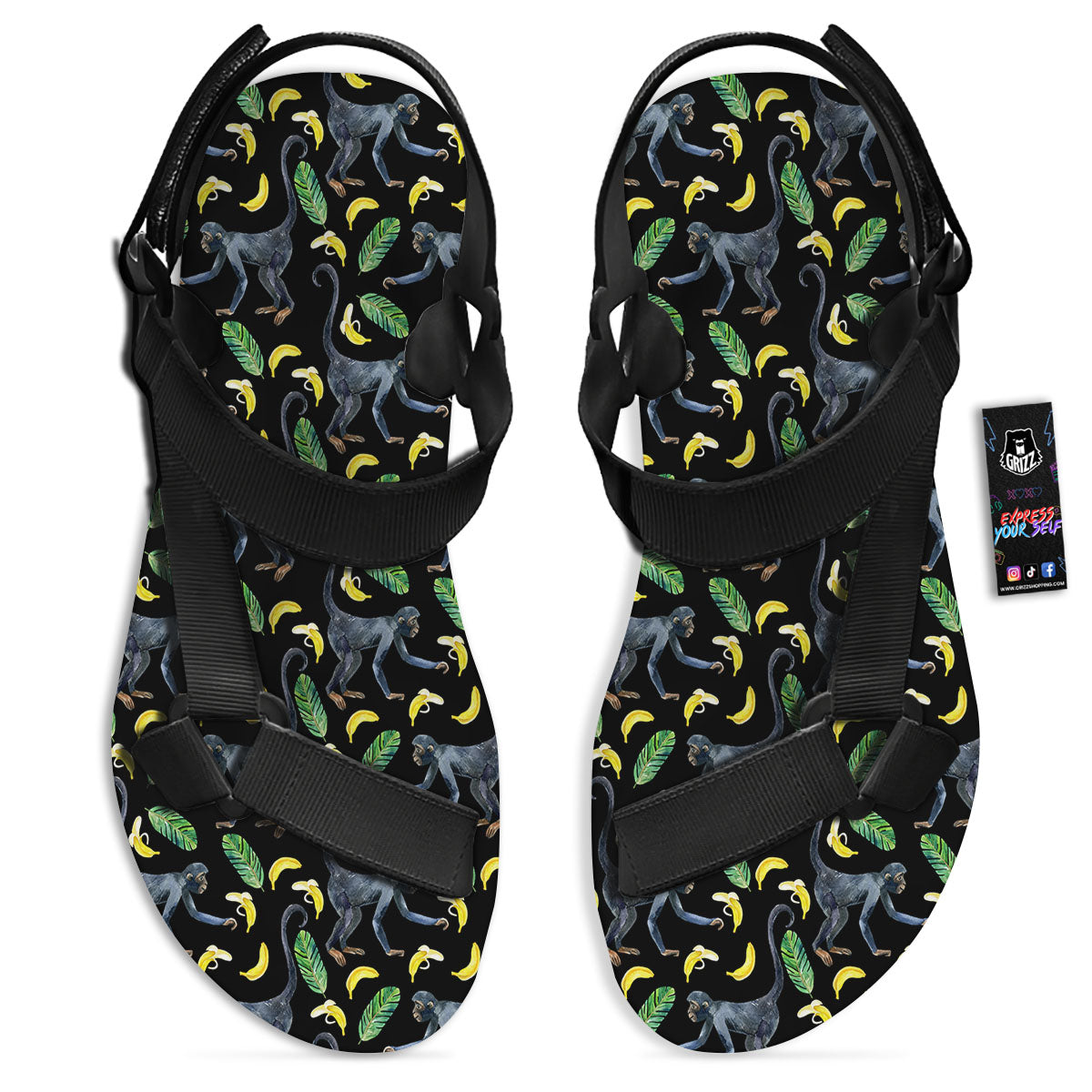 Banana Monkey Pattern Pattern Black Open Toe Sandals-grizzshop