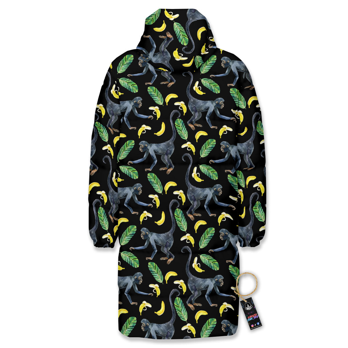 Banana Monkey Pattern Pattern Long Down Jacket-grizzshop