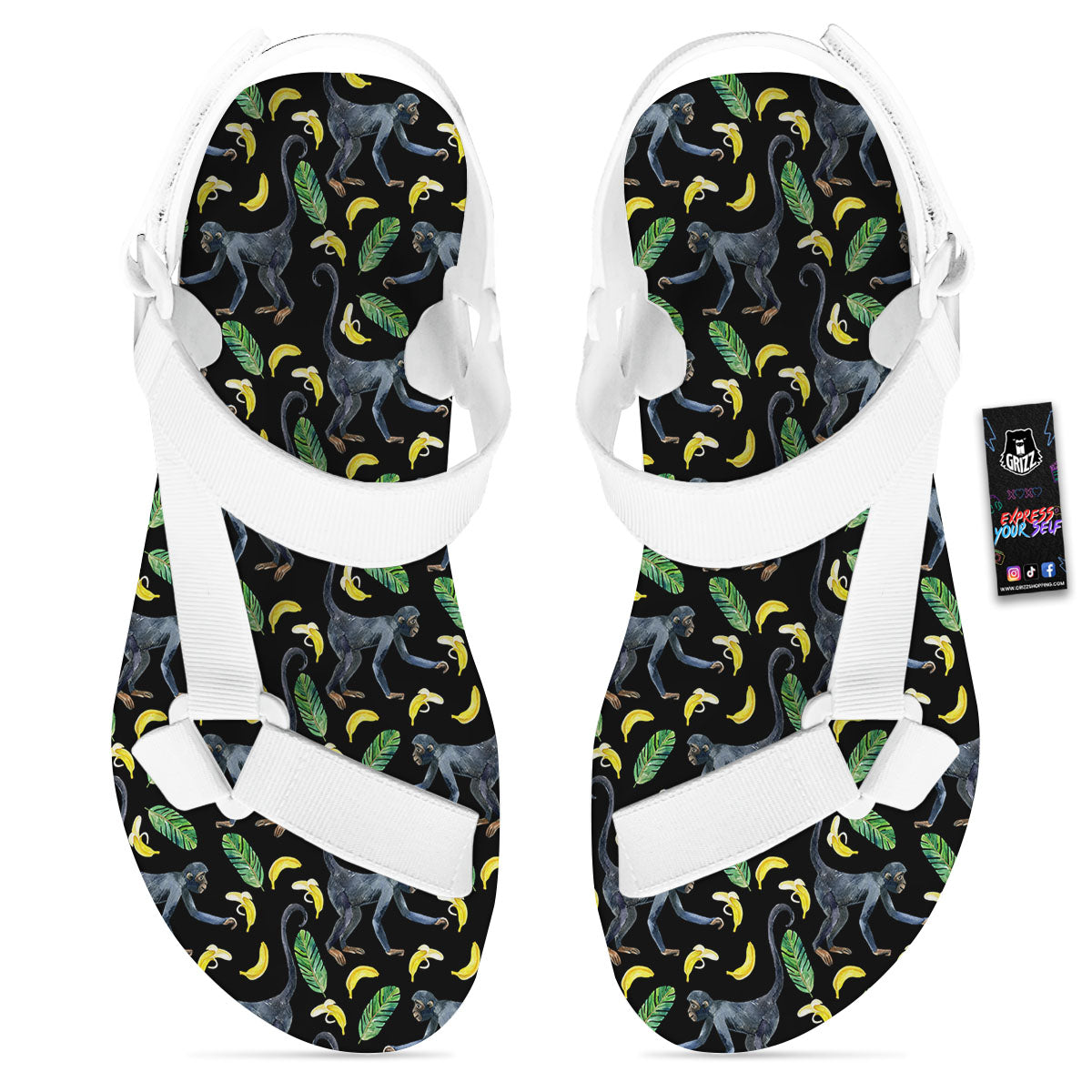 Banana Monkey Pattern Pattern White Open Toe Sandals-grizzshop