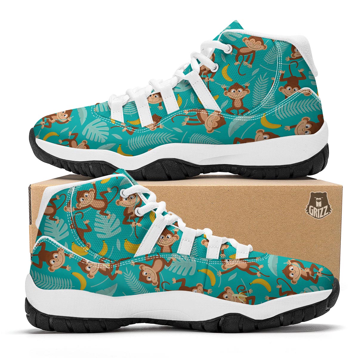 Banana Monkey Pattern Print White Bball Shoes-grizzshop