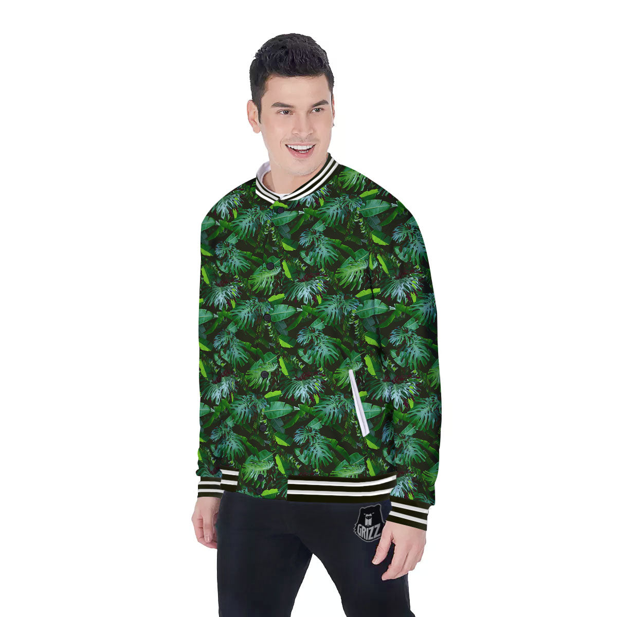 Banana Palm Leaf Green Tropical Print Baseball Jacket-grizzshop