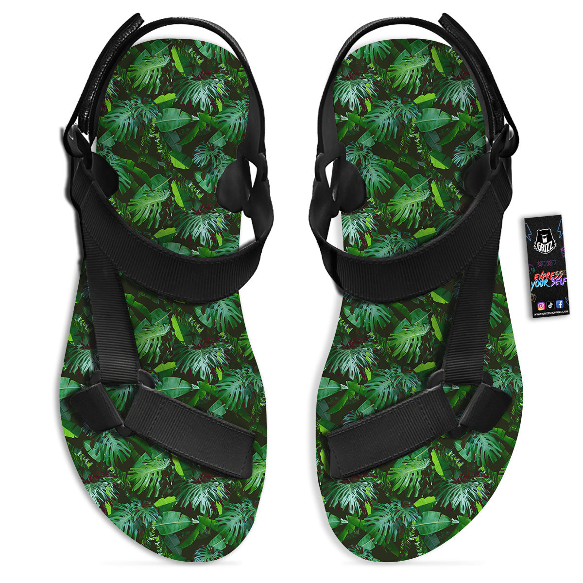 Banana Palm Leaf Green Tropical Print Black Open Toe Sandals-grizzshop