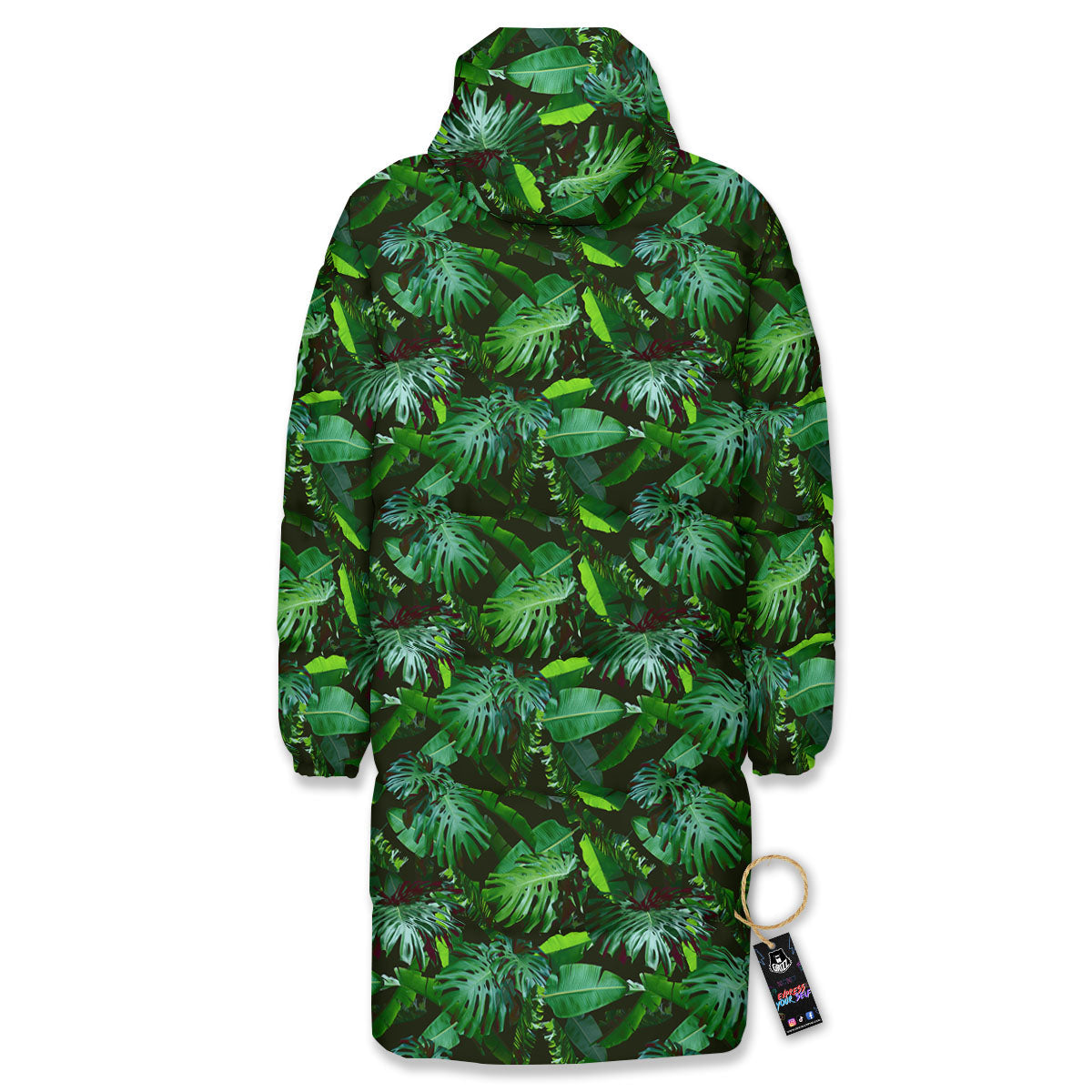 Banana Palm Leaf Green Tropical Print Long Down Jacket-grizzshop