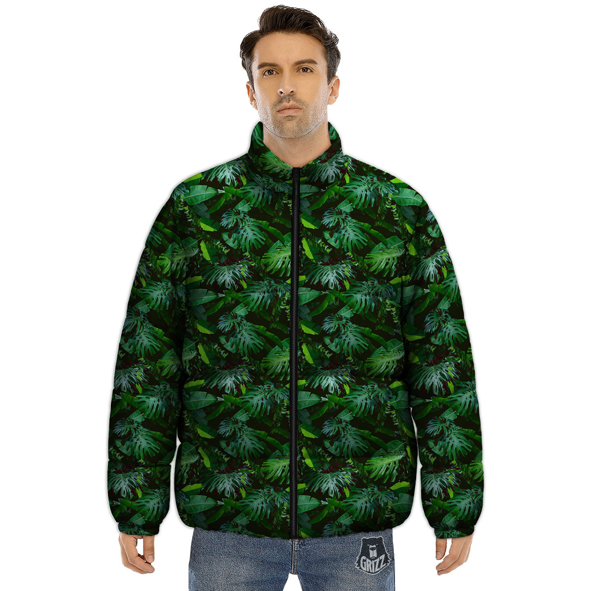 Banana Palm Leaf Green Tropical Print Puffer Jacket-grizzshop