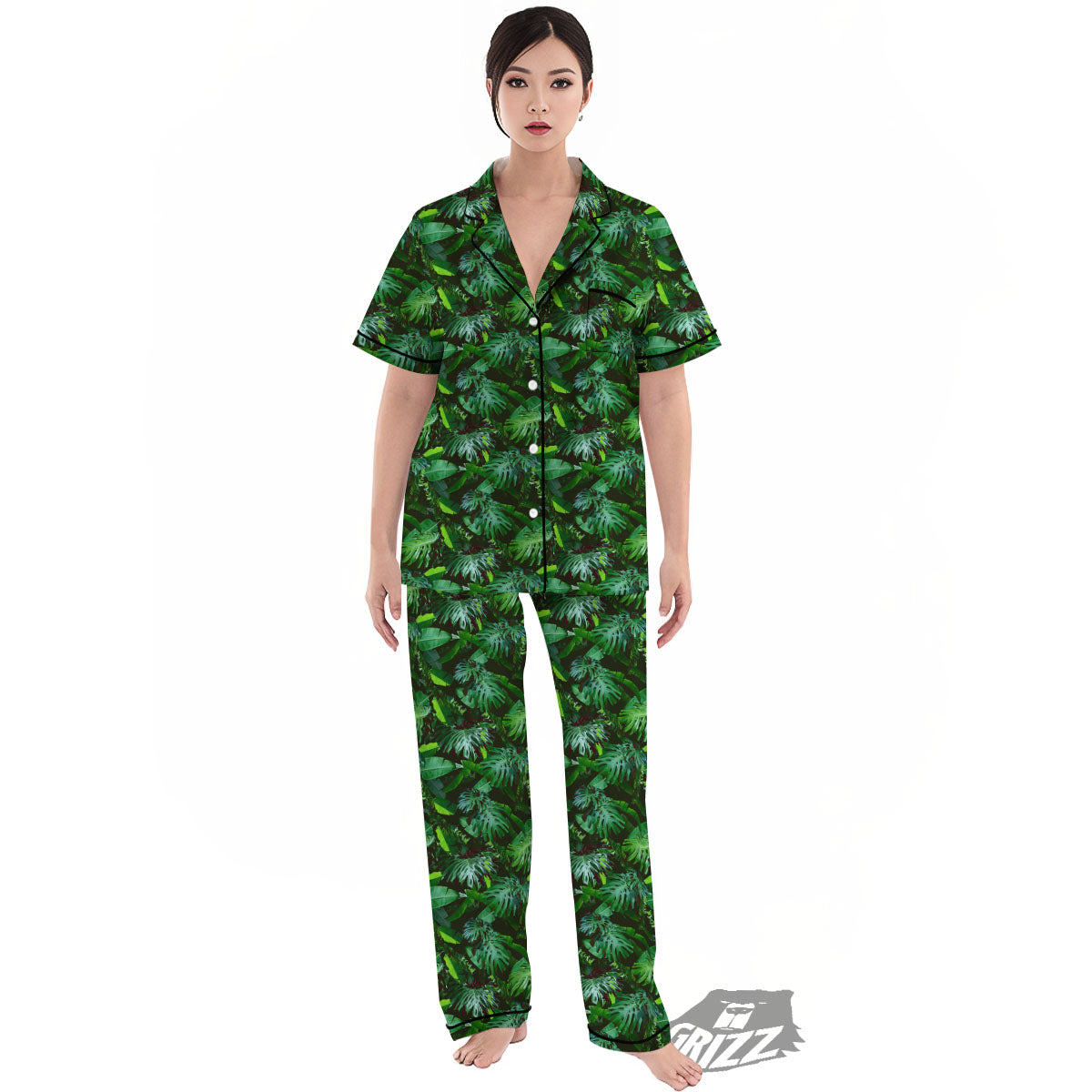 Banana Palm Leaf Green Tropical Print Women's Pajamas Set-grizzshop