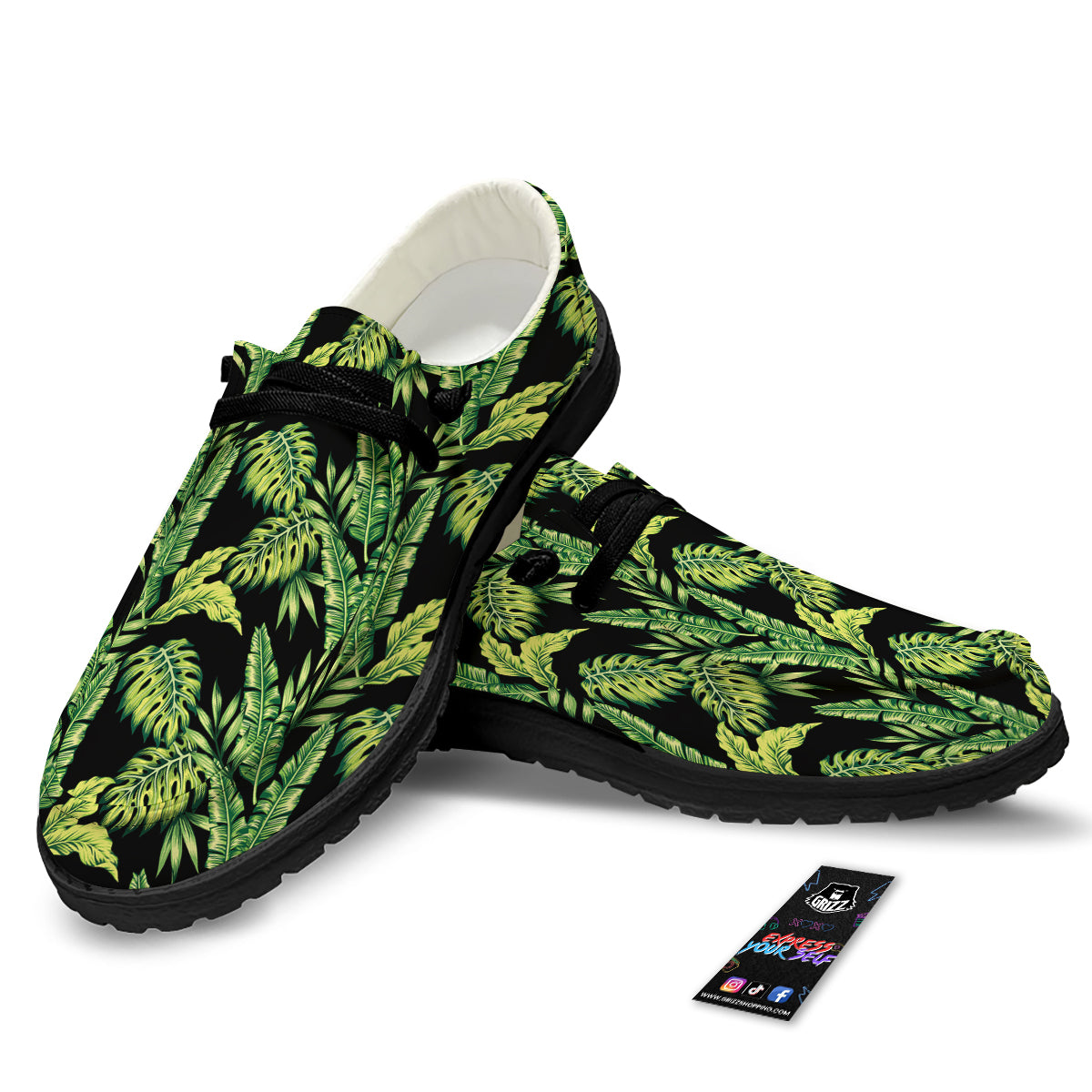 Banana Palm Leaf Print Pattern Black Loafers-grizzshop