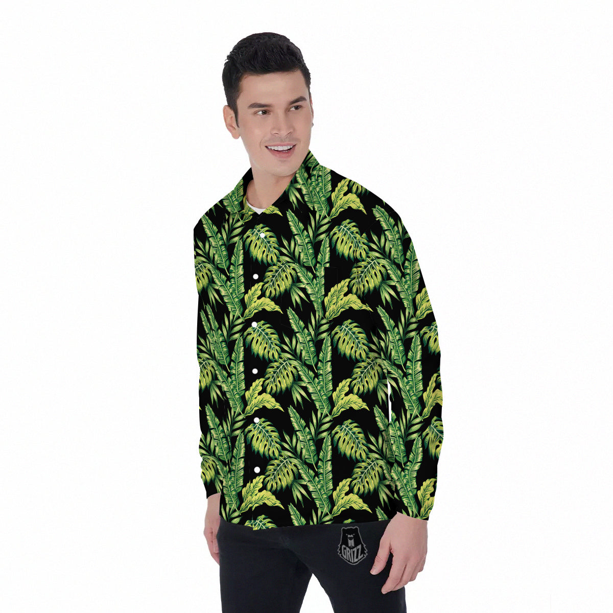 Banana Palm Leaf Print Pattern Men's Long Sleeve Shirts-grizzshop