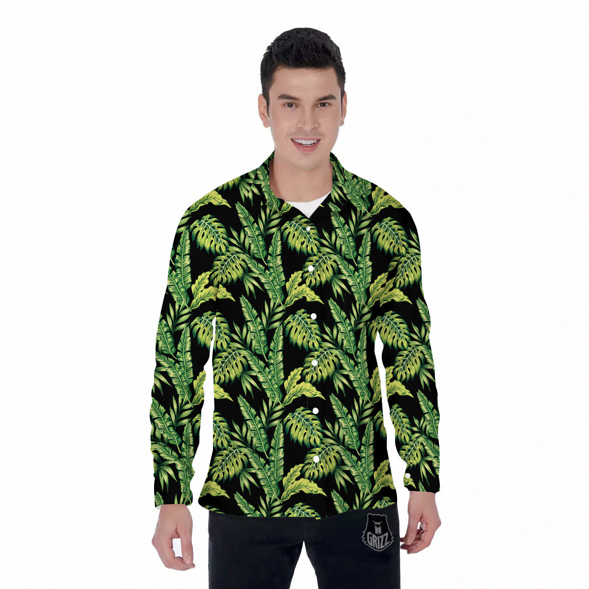 Banana Palm Leaf Print Pattern Men's Long Sleeve Shirts-grizzshop