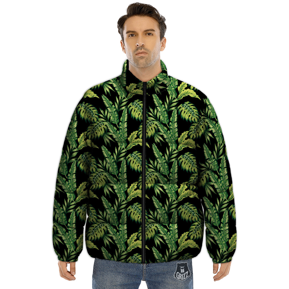 Banana Palm Leaf Print Pattern Puffer Jacket-grizzshop