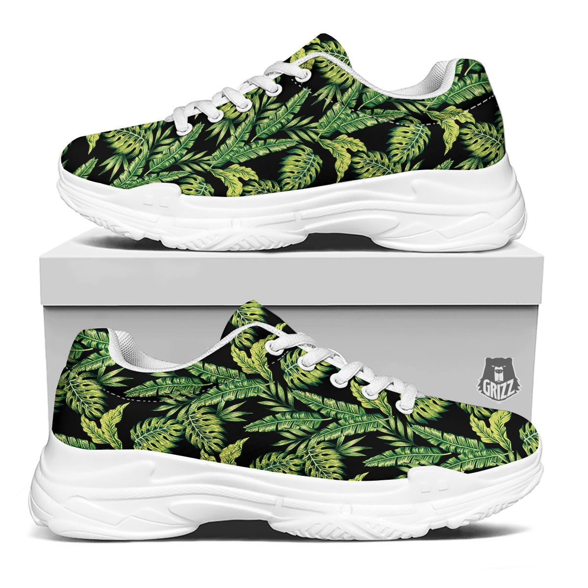 Banana Palm Leaf Print Pattern White Chunky Shoes-grizzshop