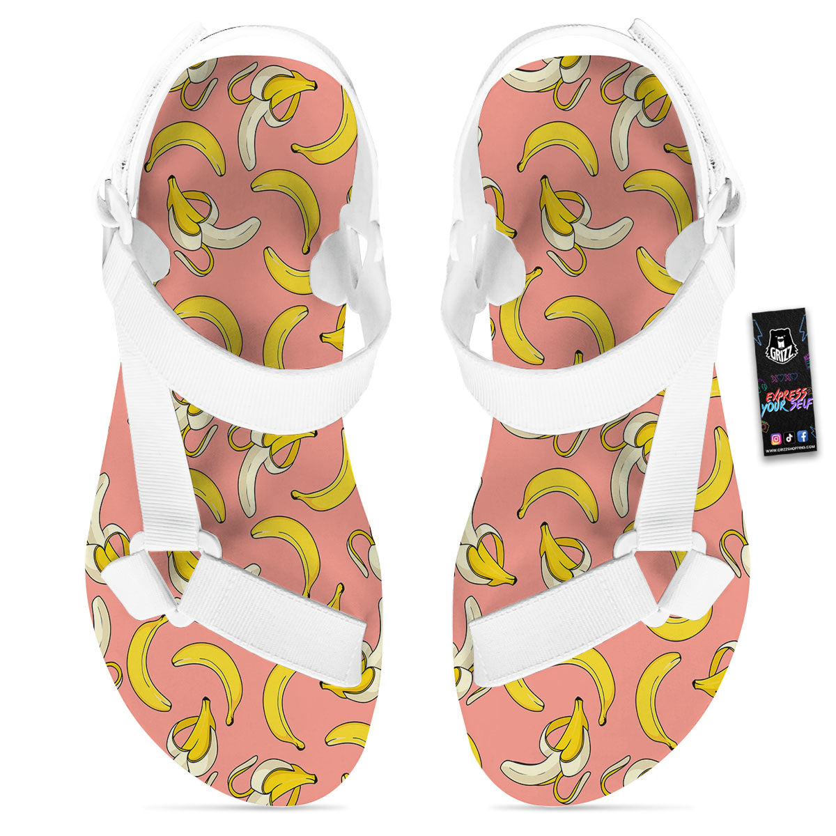 Banana Pink Print Pattern White Open Toe Sandals-grizzshop