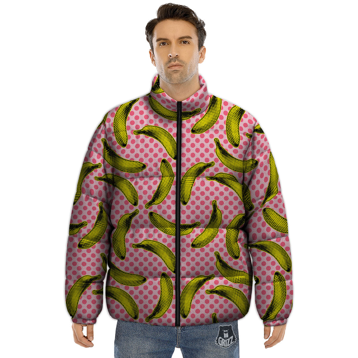 Banana Polka Dot Print Pattern Puffer Jacket-grizzshop