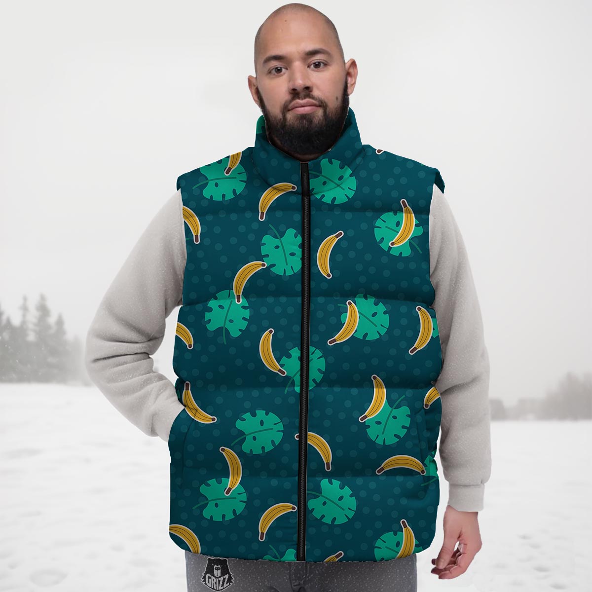 Banana Teal Print Pattern Down Vest-grizzshop