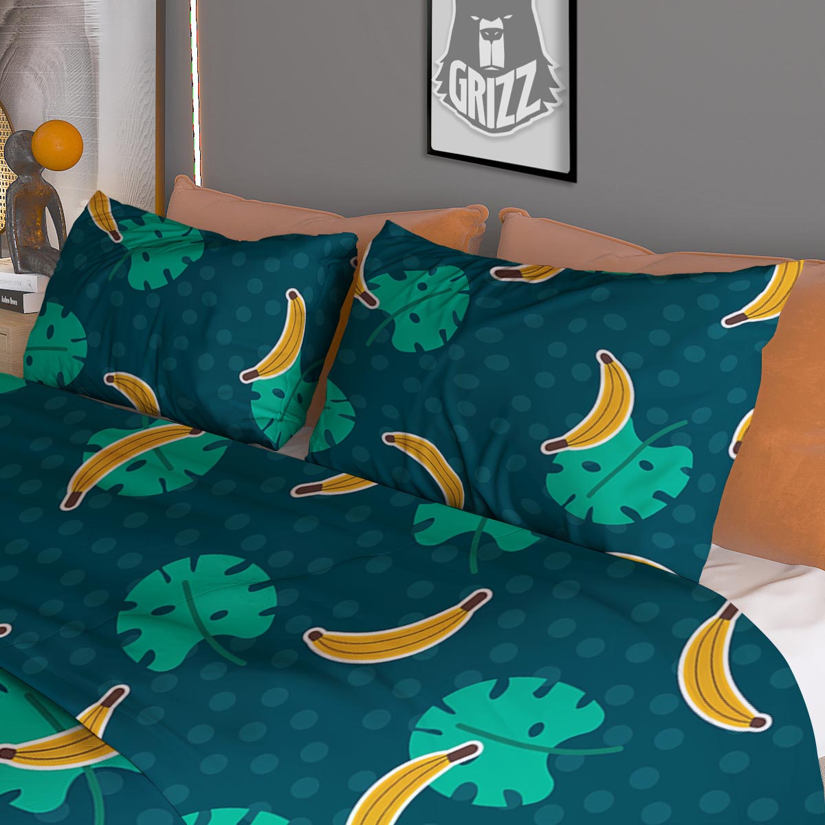 Banana Teal Print Pattern Duvet Cover Bedding Set