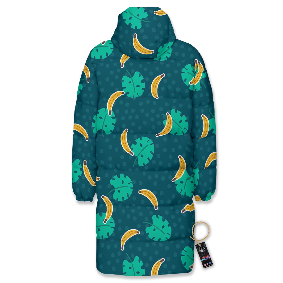 Banana Teal Print Pattern Long Down Jacket-grizzshop