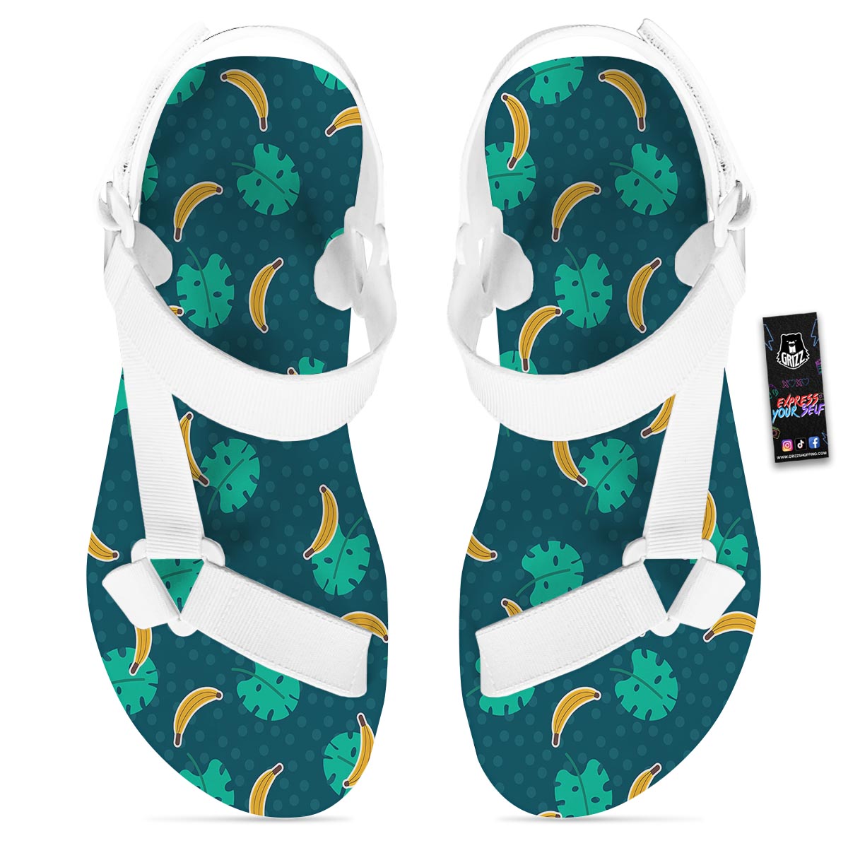 Banana Teal Print Pattern White Open Toe Sandals-grizzshop